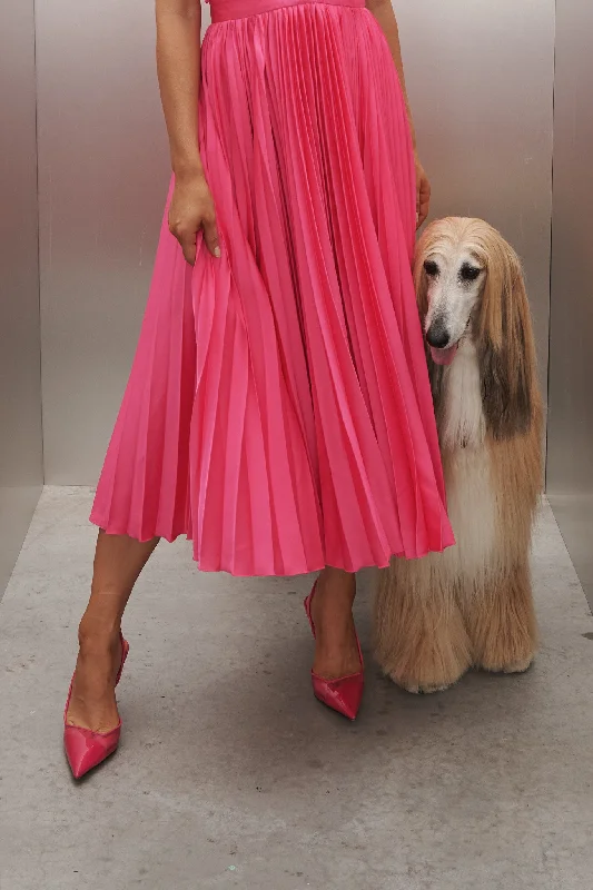 Anetta Midi Dress In Pleated Hot Pink Satin