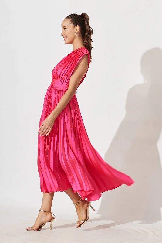 Anetta Midi Dress In Pleated Hot Pink Satin