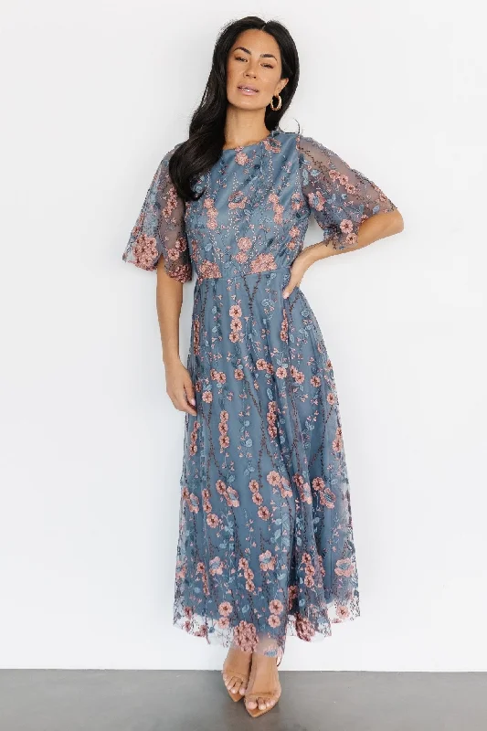 Arabella Embroidered Tulle Maxi Dress | Blue + Pink