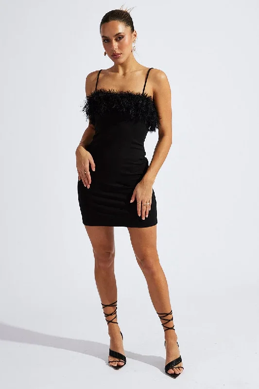 Black Faux Feather Trim Bodycon Strappy Mini Dress