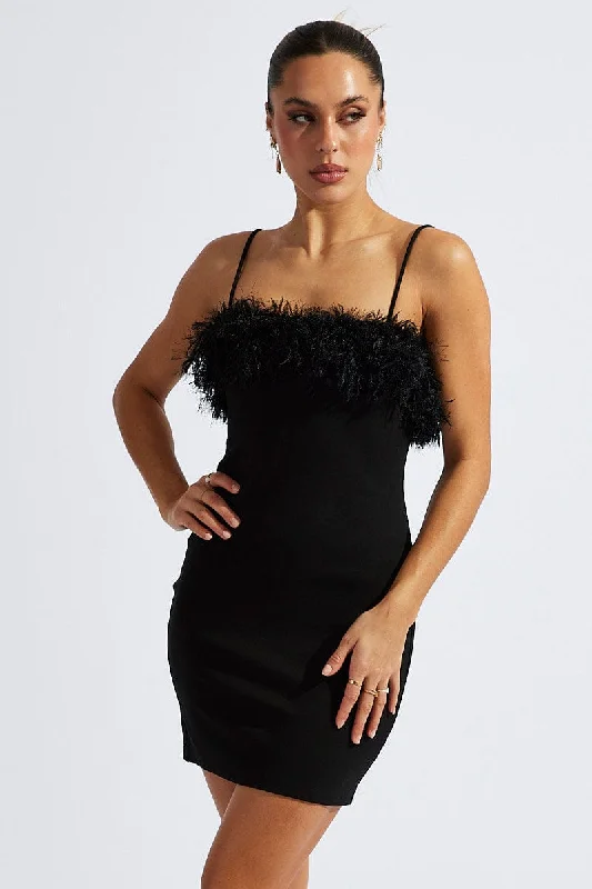 Black Faux Feather Trim Bodycon Strappy Mini Dress