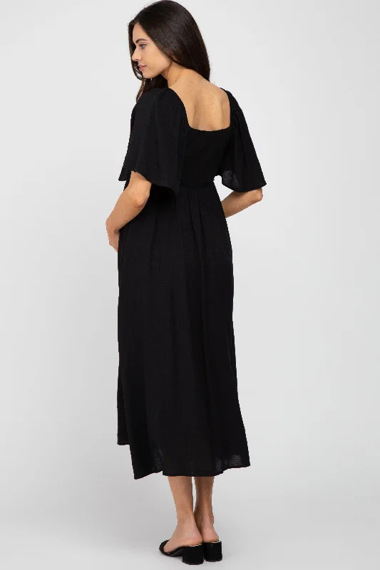 Black Front Tie Ruffle Sleeve Maternity Midi Dress