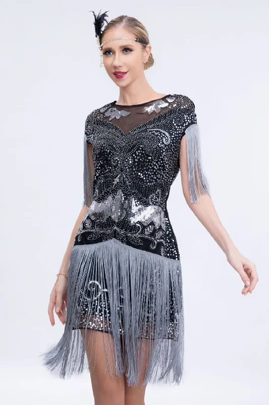 Black Grey Sequins Roaring 20s Gatsby Fringed Flapper Dress