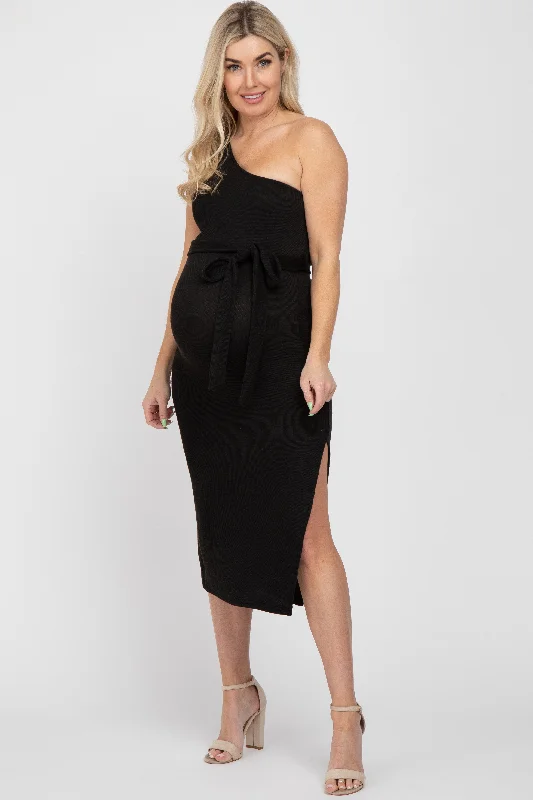 Black Ribbed One Shoulder Side Slit Maternity Midi Dress