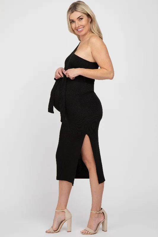 Black Ribbed One Shoulder Side Slit Maternity Midi Dress