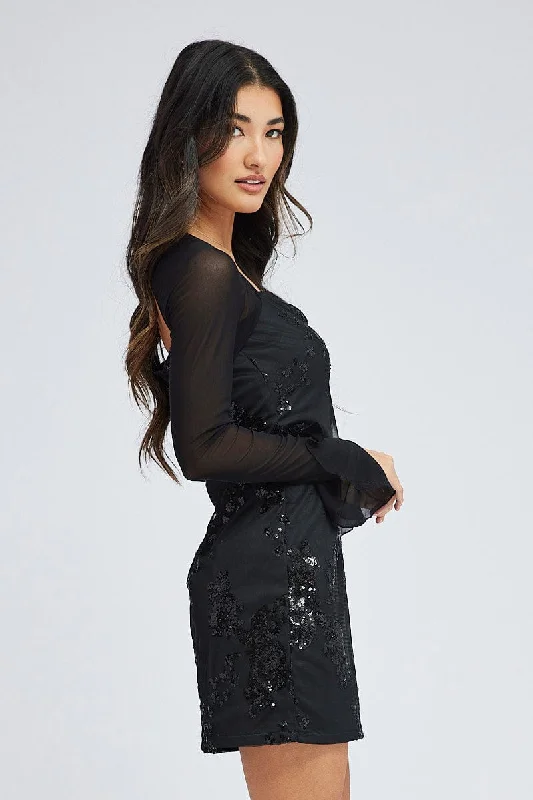 Black Sequin Dress Embellished Floral Mesh Bell Sleeve