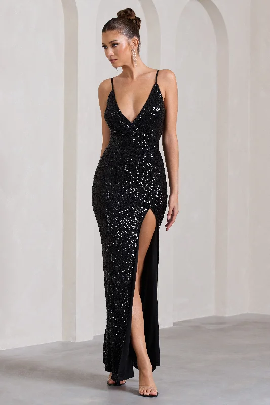 Exquisite | Black Sequin Wrap Front Maxi With Side Split