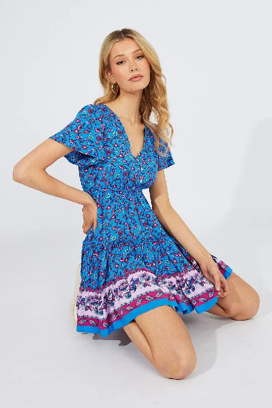 Blue Boho Fit And Flare Dress V-neck Mini