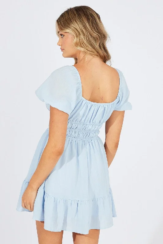 Blue Fit And Flare Dress Puff Sleeve Mini