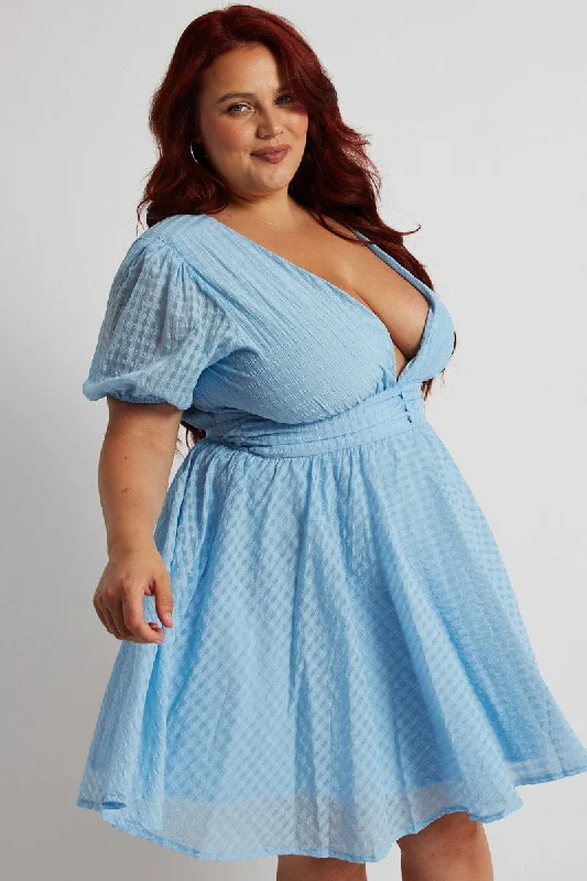 Blue Fit And Flare Dress Short Sleeve