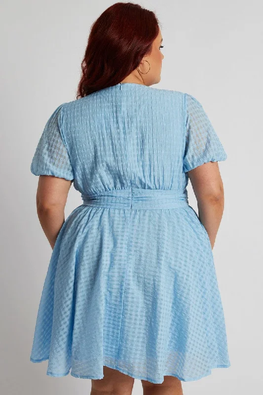 Blue Fit And Flare Dress Short Sleeve