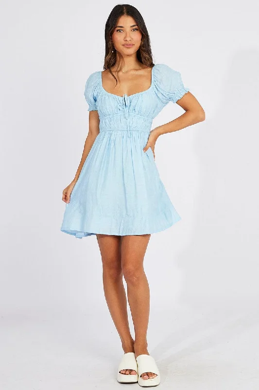 Blue Fit and Flare Dress Short Sleeve Ruched