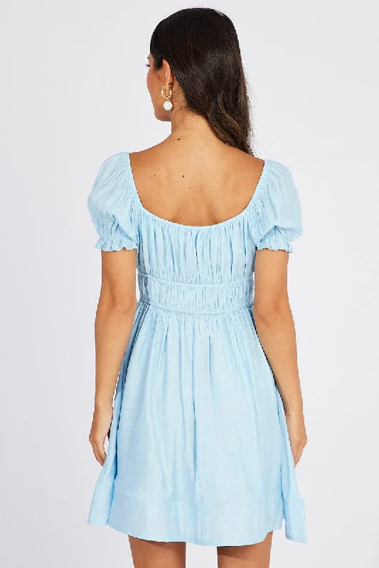 Blue Fit and Flare Dress Short Sleeve Ruched