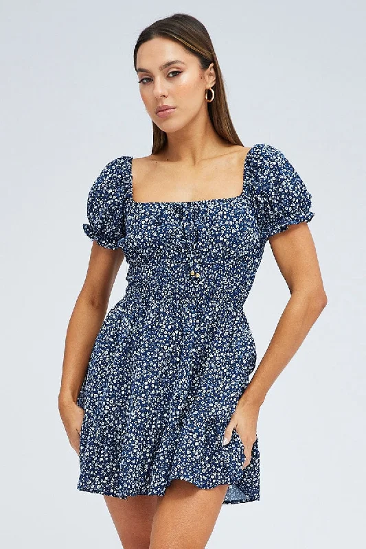 Blue Floral Fit And Flare Dress Puff Sleeve Mini