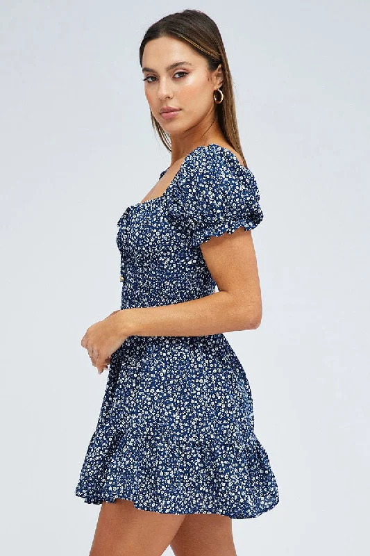 Blue Floral Fit And Flare Dress Puff Sleeve Mini