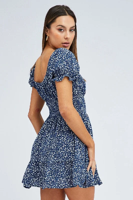 Blue Floral Fit And Flare Dress Puff Sleeve Mini