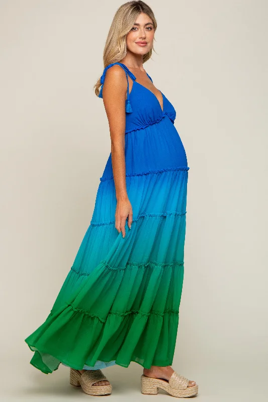 Blue Ombre Chiffon Shoulder Tie Tiered Maternity Maxi Dress