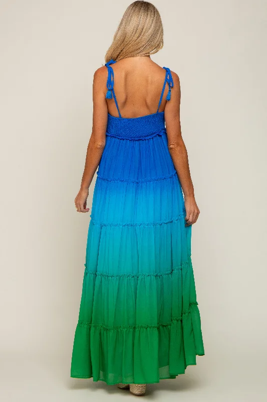 Blue Ombre Chiffon Shoulder Tie Tiered Maternity Maxi Dress