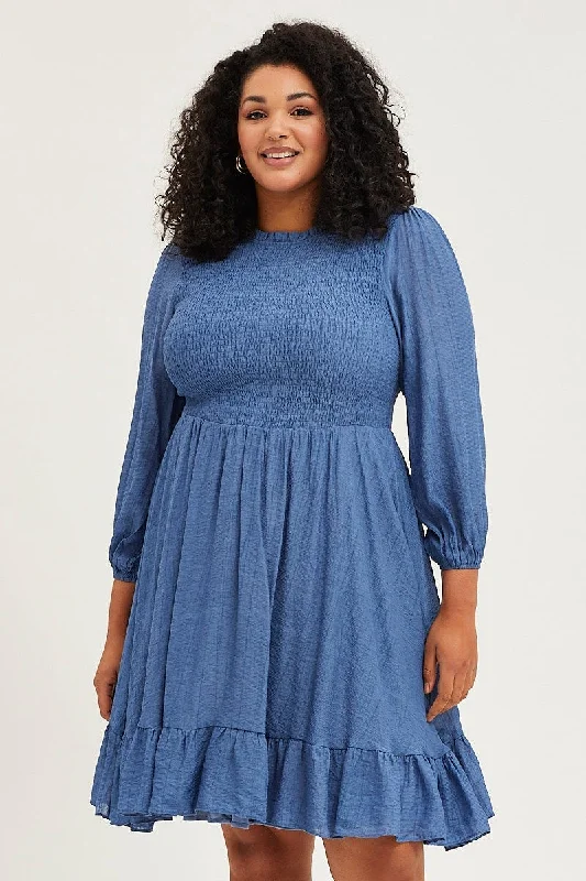 Blue Skater Dress Round Neck Long Sleeve Shirred