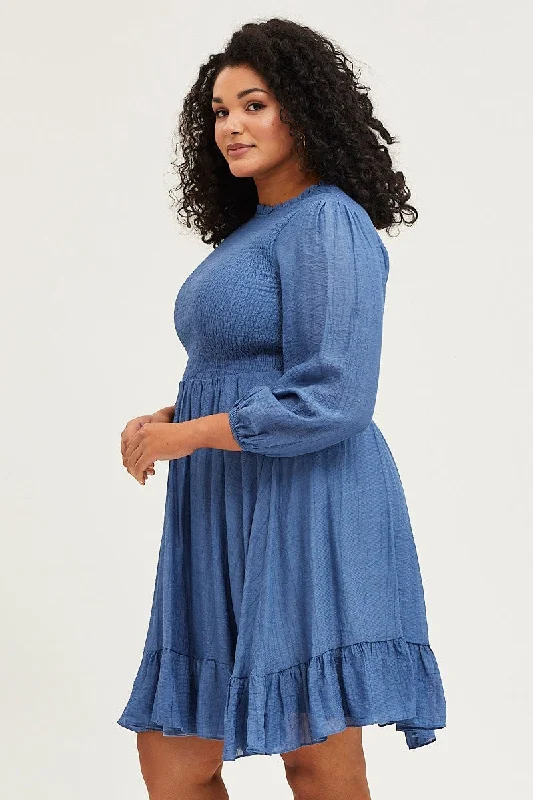 Blue Skater Dress Round Neck Long Sleeve Shirred