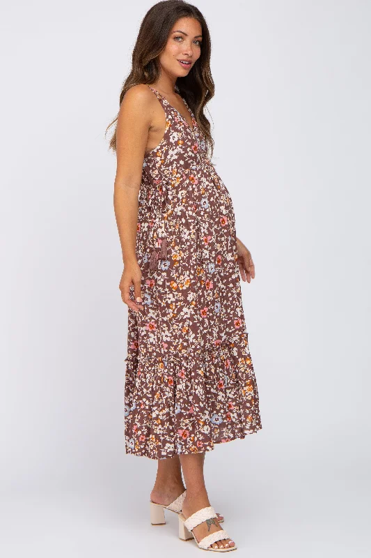 Brown Floral Empire Waist Ruffle Hem Maternity Maxi Dress