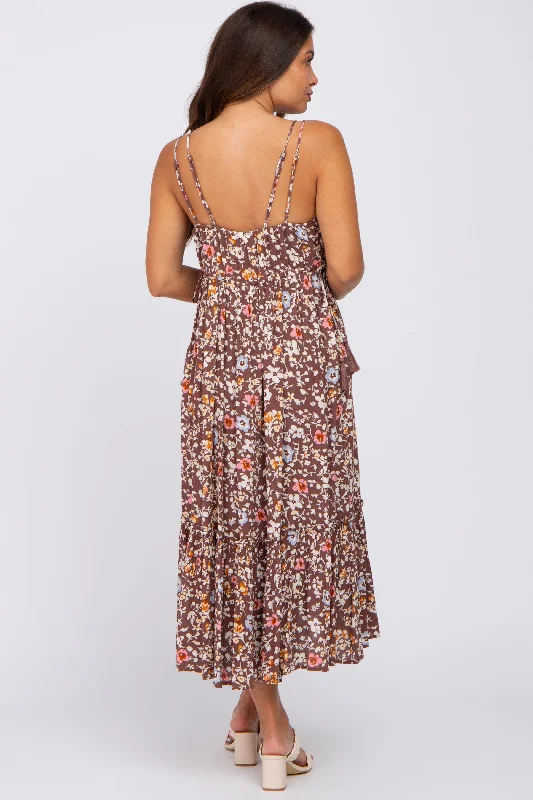 Brown Floral Empire Waist Ruffle Hem Maternity Maxi Dress