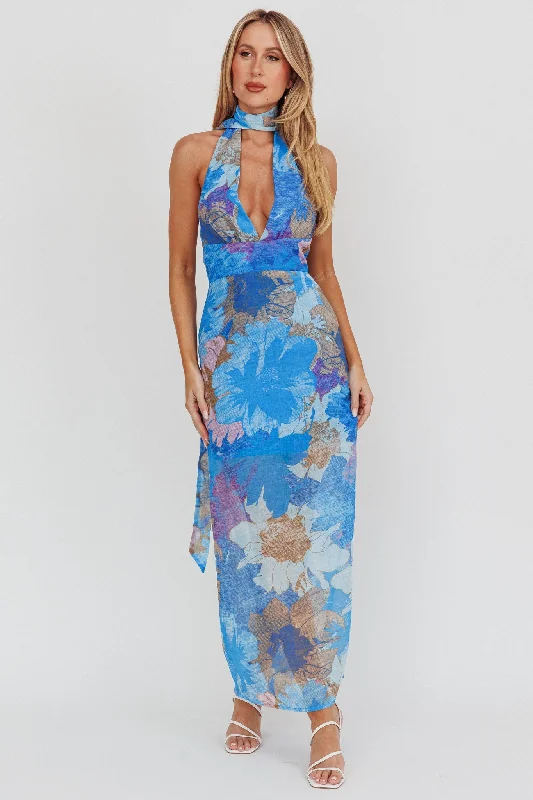 Cipriana Backless Halter Maxi Dress Floral Blue