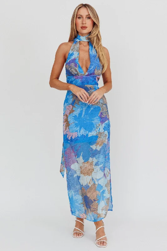 Cipriana Backless Halter Maxi Dress Floral Blue