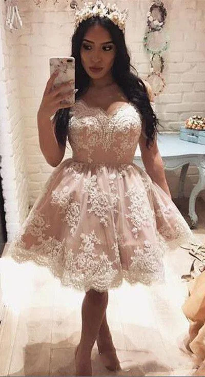 Cute Off The Shoulder A-line Short Pink Lace Homecoming Dress  PG143