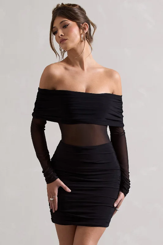 Dallas | Black Ruched Bardot Long-Sleeve Micro Mini Dress