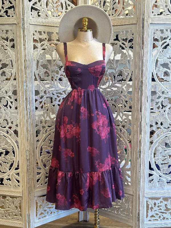 Dark Purple Floral Fit and Flare Dress- Not Stretchy, No Estira