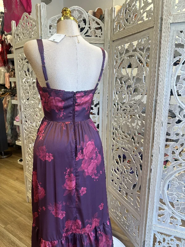 Dark Purple Floral Fit and Flare Dress- Not Stretchy, No Estira