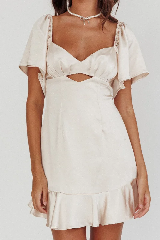 Eyes On You Pleated Bust Angel Sleeve Ruffle Hem Dress Champagne