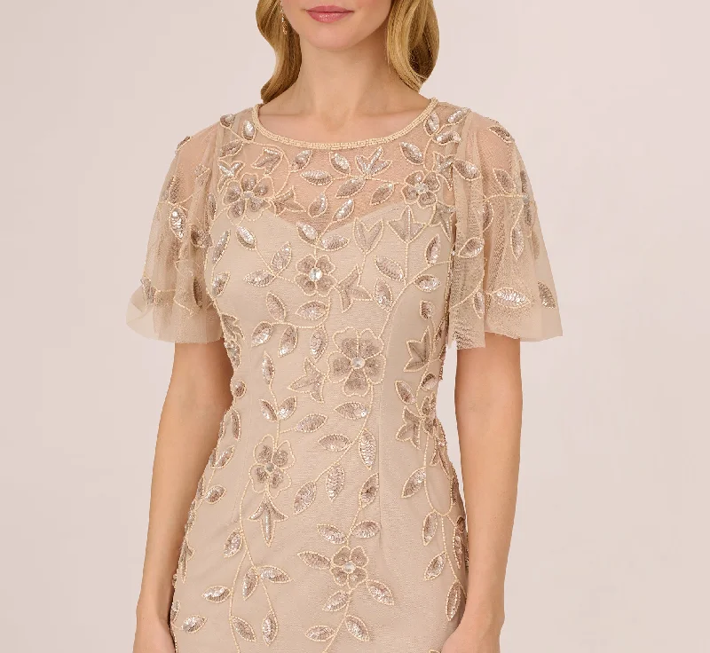 Floral Beaded Sheath Dress With Sheer Neck And Sleeves In Latte