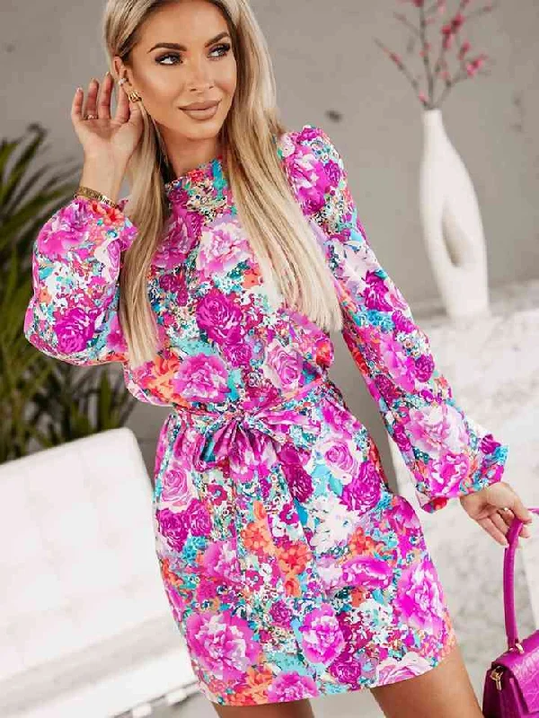 Floral Print Round Neck Long Sleeve Dress