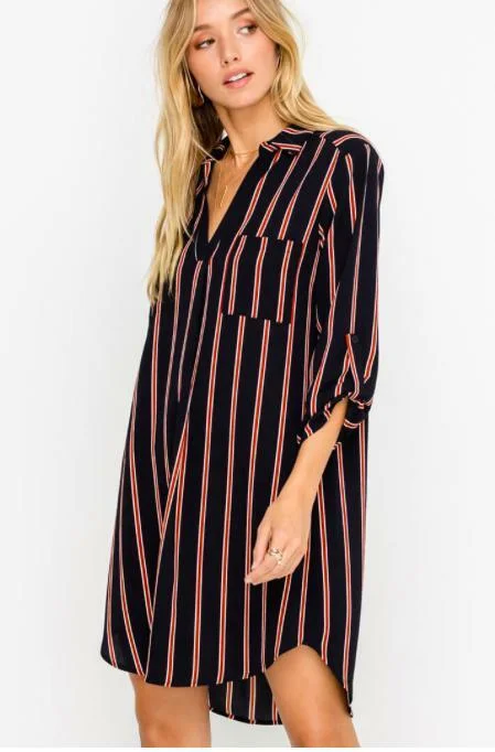 From the City Navy and Rust Striped Shirt Dress