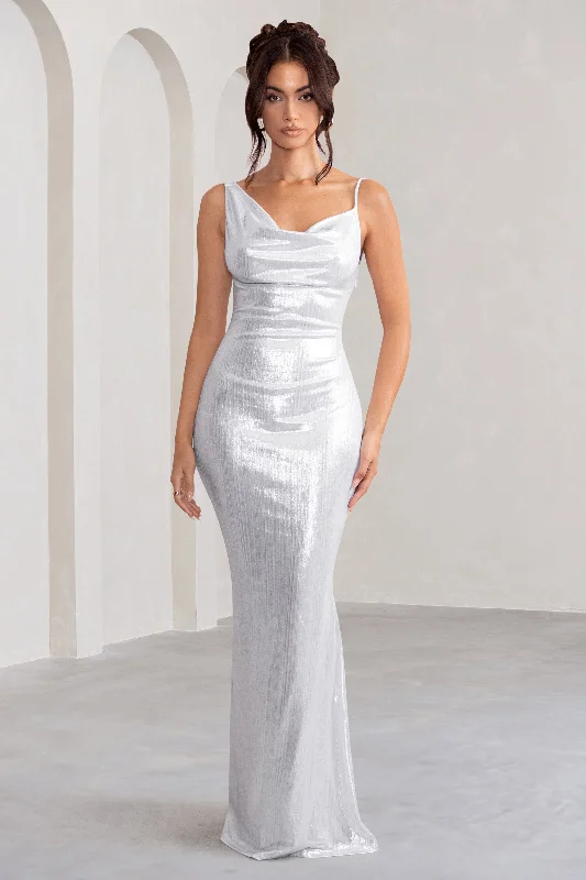 Galaxy Shimmer | Silver Bias Cut Cowl Front Maxi Dress