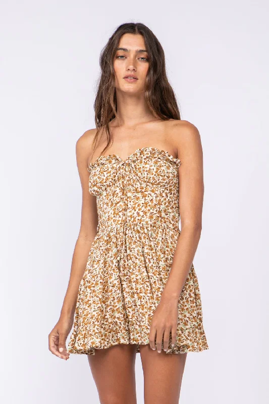 Garden Charm Brown Floral Print Strapless Dress