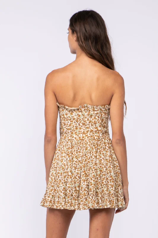 Garden Charm Brown Floral Print Strapless Dress