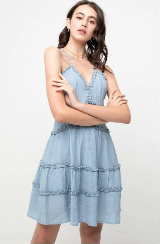 Gina Chambray Blue Ruffle Mini Dress