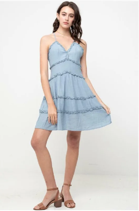 Gina Chambray Blue Ruffle Mini Dress