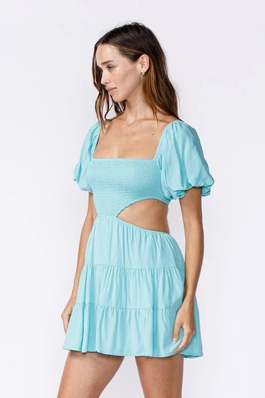 Good To Know Aqua Blue Cutout Puff Sleeve Dress