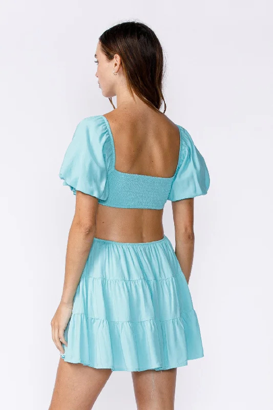 Good To Know Aqua Blue Cutout Puff Sleeve Dress