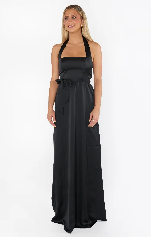 Hazel Halter Maxi Dress ~ Black Luxe Satin