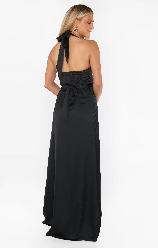 Hazel Halter Maxi Dress ~ Black Luxe Satin