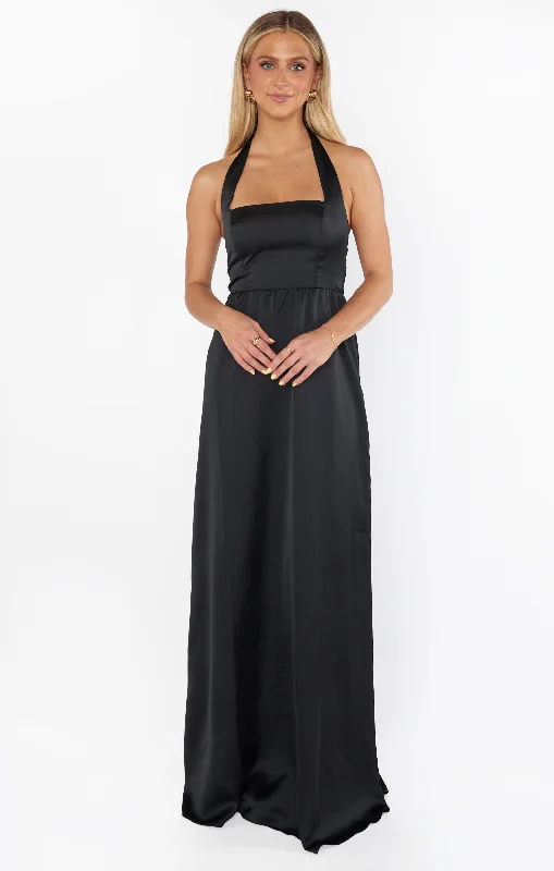 Hazel Halter Maxi Dress ~ Black Luxe Satin