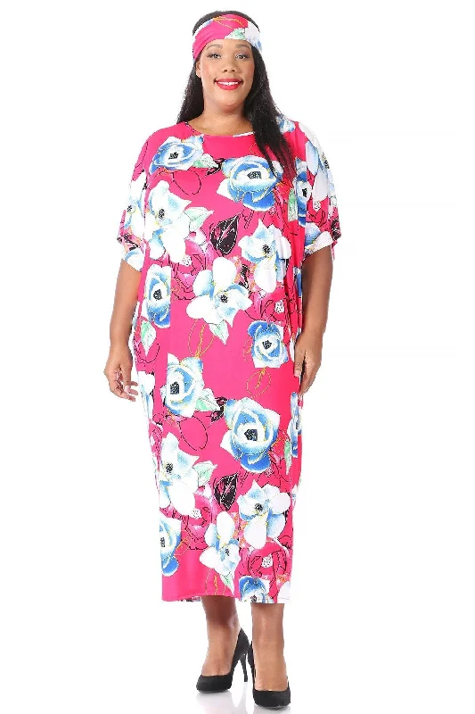 Hi Curvy Plus Size Women Flora Print Midi Shift Dress with Headscarf