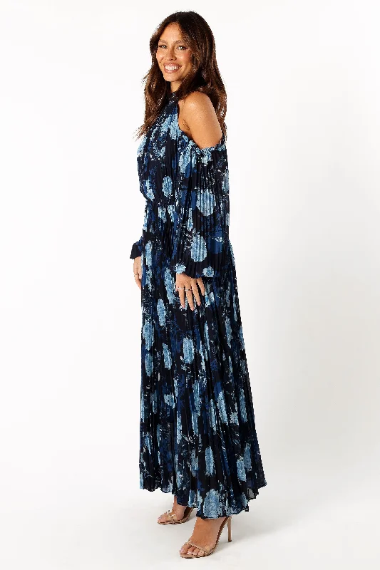 Hilary Pleated Maxi Dress - Blue Floral