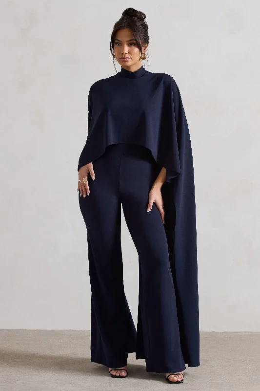 Indra | Navy High-Neck Wide-Leg Cape Jumpsuit