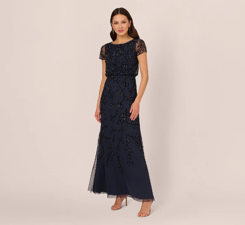 Jasmine Beaded Blouson Gown With Sheer Short Sleeves In Navy Black